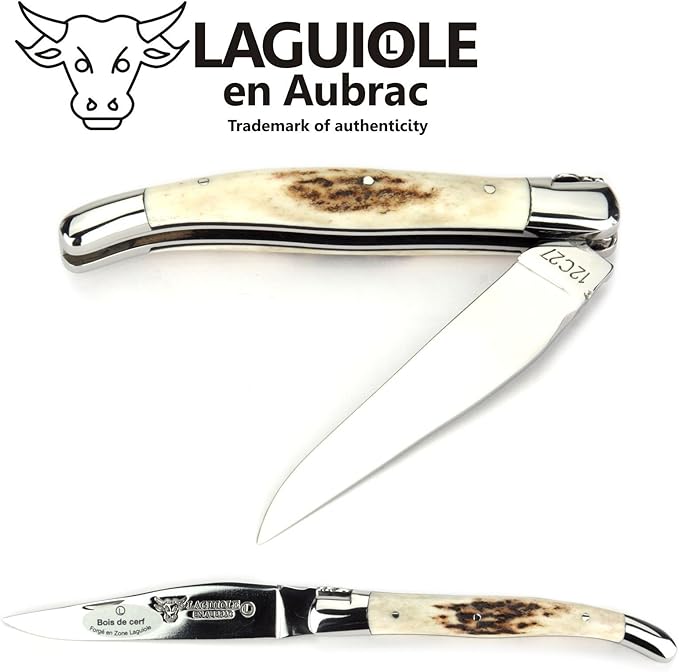 Laguiole en Aubrac Handmade Knife 11 cm L0211BCIFI Deer Horn Handle, Blade and bolsters Stainless Steel Shiny