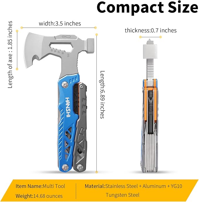 Camping Axe Multitool with YG10 Tungsten Steel Replaceable Wire Cutters for Gift,17 in 1 Multi Tool with Spring-Action Pliers,Knife,Screwdriver,Flint Rob,Safty Whistle with Nylon Sheath (Blue)