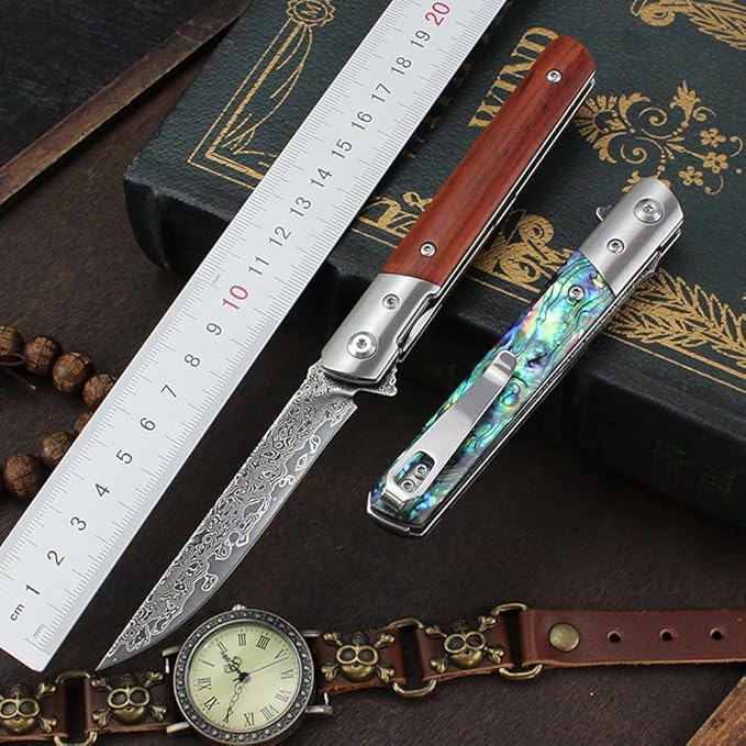 Damascus Steel Pocket Knife, Sharp VG10 Damascus Pocket Knife with Handmade Wood Handle, Leather Sheath, Ball Bearing, Liner Lock, Lightweight Damascus Folding Knife for EDC Men Women