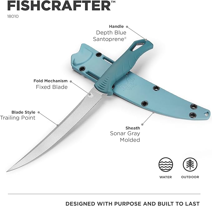 Benchmade - Fishcrafter 18010 Outdoor Knife with Depth Blue Santoprene Handle and 7" Trailing Point Blade (18010)