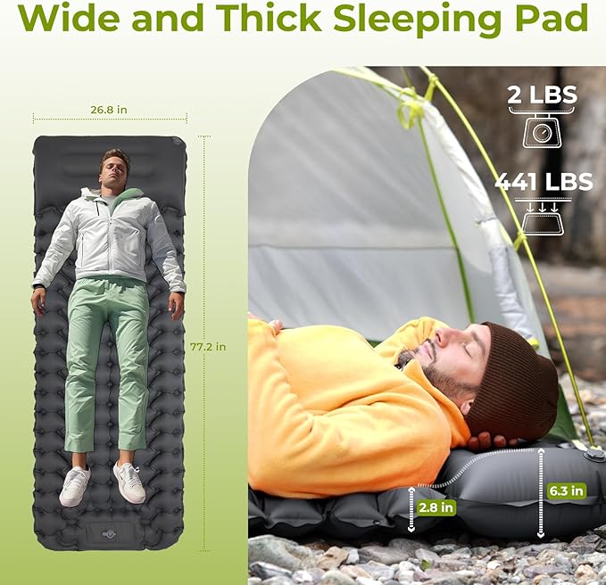 ATEPA Sleeping Pad for Camping Backpacking, Ultralight Inflatable Camping Air Mattress with Built-in Foot Pump & Pillow, 77"X27"Waterproof & Compact Sleeping Mat Hiking Trekking Inflatable Pad Grey