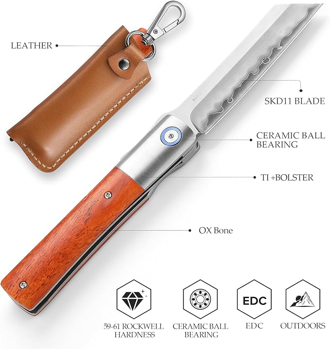 Japanese Style Razor Knives, Higonokami Folding Pocket EDC Knife for Men, 3.66" SKD11 Steel Blade,Handmade Ti Ring & OX Bone & Ti Bolster Handle, Kira-02O
