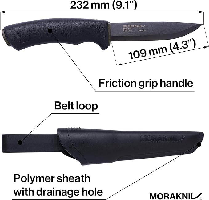 Morakniv Carbon Steel Fixed-Blade Bushcraft Knife with Sheath, Black, 4.3 Inch
