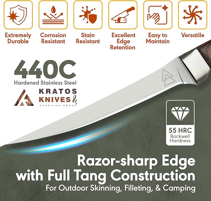 Bushcraft Fillet Knife, 12 Inch Fillet Knife for Fish, Fixed Blade Fish Fillet Knife, 440C Hardened Stainless Steel Boning Knife by Kratos - ZF3F