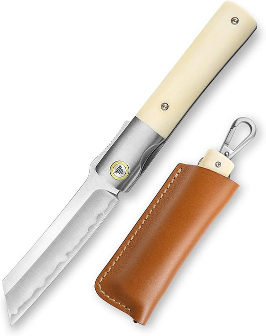 Higonokami Knives Folding Pocket EDC Knife for Men, 3.66" SKD11 Steel Blade, Ti Ring & Handmade OX Bone & Ti Bolster Handle,Leather Sheath for Camping Hiking knife, Kira-02W