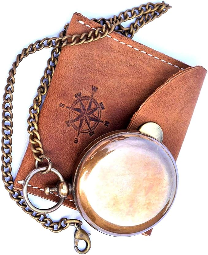 Handmade Nautical Brass Push Open Compass On Chain with Leather Case Pocket Compass Gift Compass Rustic Vintage Home Decor Gifts