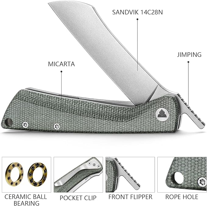 Japanese Pocke Folding Knife with Clip,Stonewashed 14C28N Steel Blade,Green Micarta Handle,Front Flipper Modern Higonokami EDC Knives for Men,Norma-04G