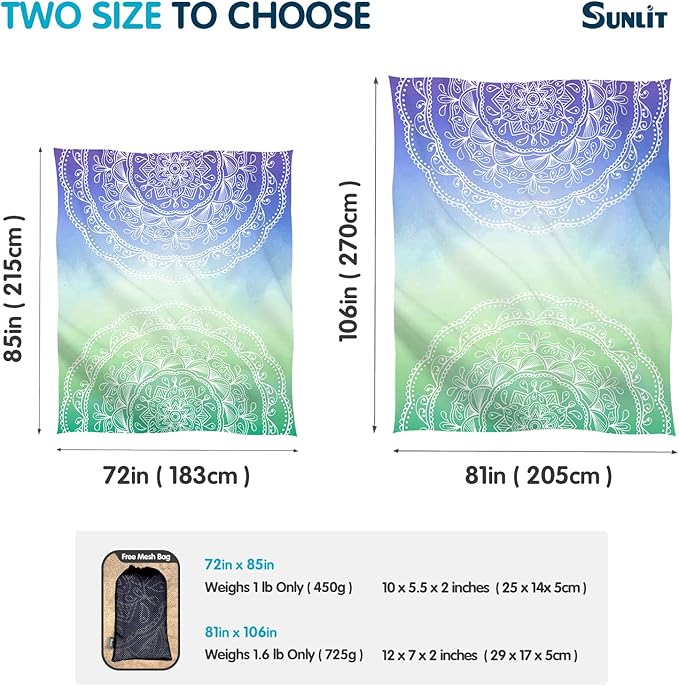 Sunlit Silky Soft 106"x81" Boho Sand Proof Beach Blanket Sand Proof Mat with Corner Pockets and Mesh Bag for Beach Party, Travel, Camping and Outdoor Music Festival, Blue Violet Sea Green Mandala