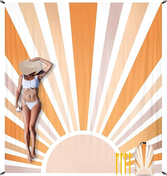 Beach Blanket Waterproof Sandproof, 78''×86'' Large Bohemian Picnic Blankets for 2-4 Adults, Lightweight & Compact 210T Polyester Beach Mat Sand Free w/ 4 Stakes & 4 Corner Pockets-Orange Sun