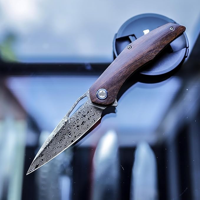 Handmade Pocket Knife,3.62'' 110 Layers Damascus Steel Blade,Front Flipper Wood Handle with Clip,Folding EDC for Men Outdoor Hunting Camping Hiking,Taurus-01i