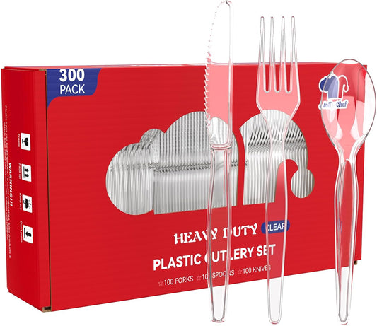 JOLLY CHEF 300 Count Clear Plastic Silverware, 150 Forks, 150 Spoons, 100 Knives, Heavy Duty BPA Free Disposable Plastic Cutlery Set, Plasticware Bulk, Premium Clear Utensils for Party Supplies