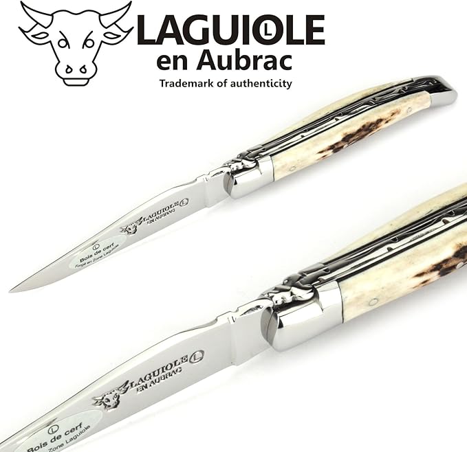Laguiole en Aubrac Handmade Knife 11 cm L0211BCIFI Deer Horn Handle, Blade and bolsters Stainless Steel Shiny