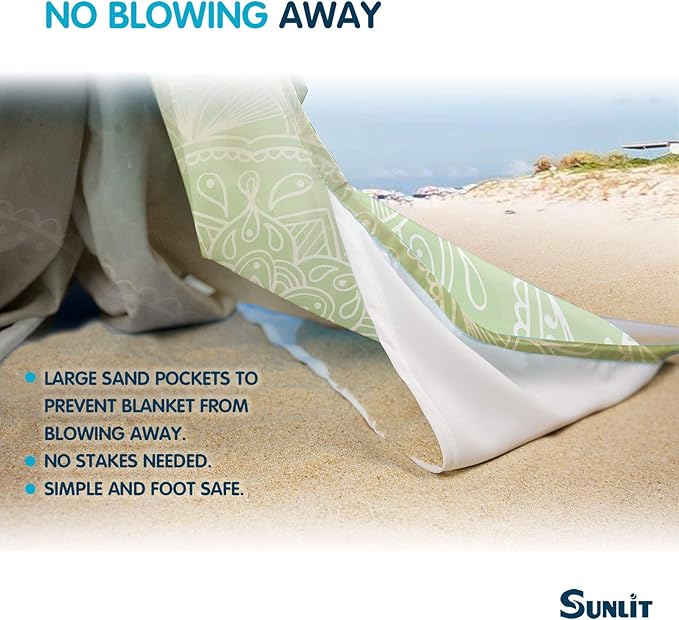 Sunlit Silky Soft 85"x72" Boho Sand Proof Beach Blanket Sand Proof Mat with Corner Pockets and Mesh Bag for Beach Party, Travel, Camping and Outdoor Music Festival, Tiffany Green Mandala