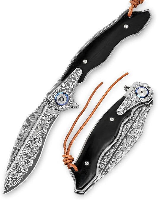 Knives Lepus-02B｜Folding Knives & Pocket Knife for Men, Outdoor Flipper Knife，4.09" Damascus Steel，OX Bone Scale，Collections, Gift Box
