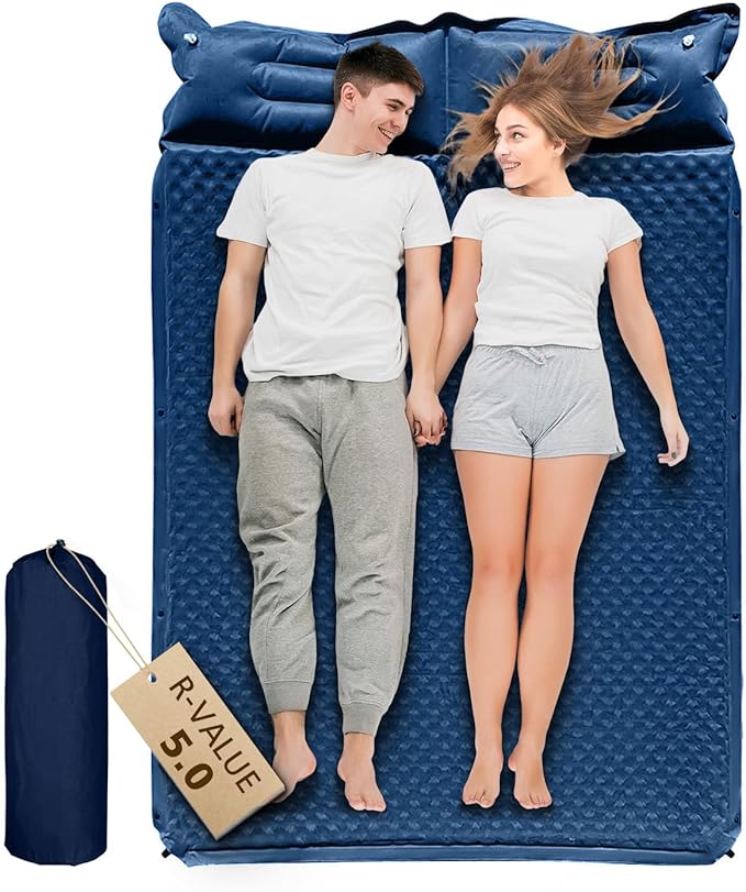 WILD FUN Double Sleeping Pad, 2in Memory Foam Camping Mattress 2 Person with Pillow, 5R Insulated Self Inflating Camping Pad, Air Mattress Inflatable Sleeping Mat for Backpacking,Hiking(Navy Blue)