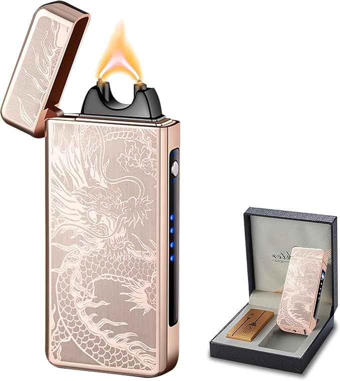 Rechargeable Lighter USB Electric Lighter Plasma Arc Candle Lighter Dragon Torch Lighter High Power Flame Windproof Lighter with LED Power Display for Camping, Hiking, Traveling (GoldDragon)
