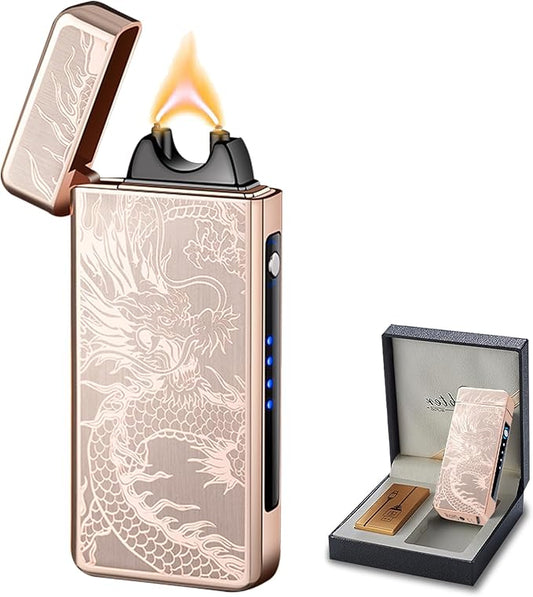 Rechargeable Lighter USB Electric Lighter Plasma Arc Candle Lighter Dragon Torch Lighter High Power Flame Windproof Lighter with LED Power Display for Camping, Hiking, Traveling (GoldDragon)
