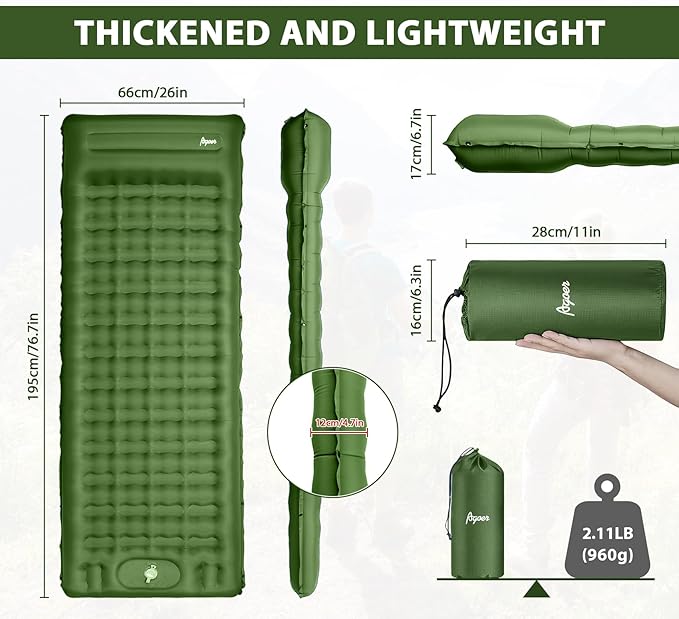 Camping Sleeping Pads Extra Thick,76.7x26x5'' Self Inflating Camping Pad with Pillow Built-in Pump,Ultralight Sleeping Mat for Single,Super Portable Camping Air Mattress for Hiking,Picnic(Army Green)