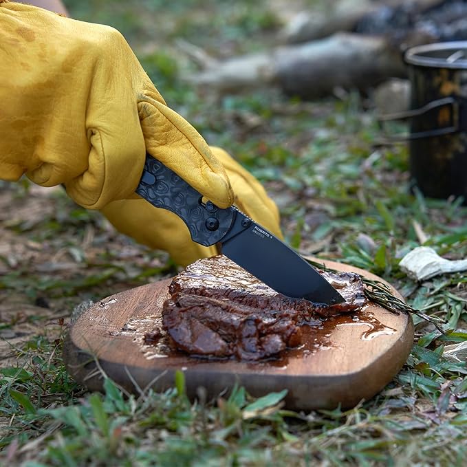 OKNIFE Rubato 4 Folding Knife, CPM-S35VN Steel, 3.04" Blade Damascus Carbon Fiber Handle with Titanium Pocket Clip, Drop Point, Rail Lock, Thumb Stud