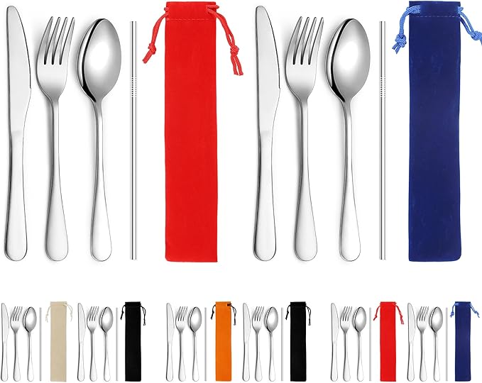 Kyraton Portable Flatware, Reusable Camping Flatware, Bento Box Flatware, Silverware For School/Work/Office/Outdoor, Dishwasher Safe, Set of 2 Packs