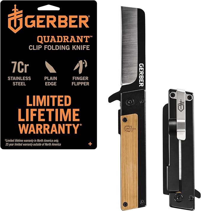 Gerber Gear Quadrant Clip Folding Knife with Plain Edge Blade - Straight Edge Flipper Knife with Pocket Clip and Bamboo Handle - EDC Gear and Equipment - Stainless Steel