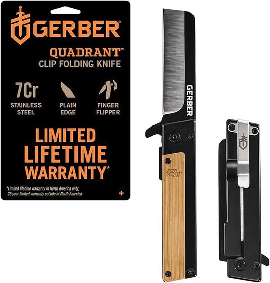 Gerber Gear Quadrant Clip Folding Knife with Plain Edge Blade - Straight Edge Flipper Knife with Pocket Clip and Bamboo Handle - EDC Gear and Equipment - Stainless Steel