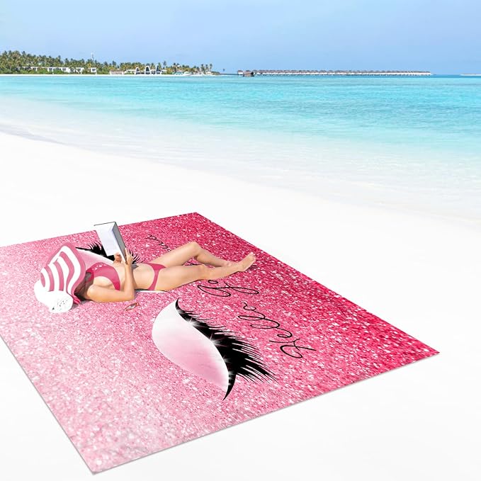 Pink Beach Blanket Waterproof Sandproof, Oversized 78”x 86” Large Foldable Outdoor Picnic Blanket 1-4 Adults, Lightweight Sand Free Beach Mat w/ 4 Stakes for Travel, Camping, Hiking - Gorgeous Eyes