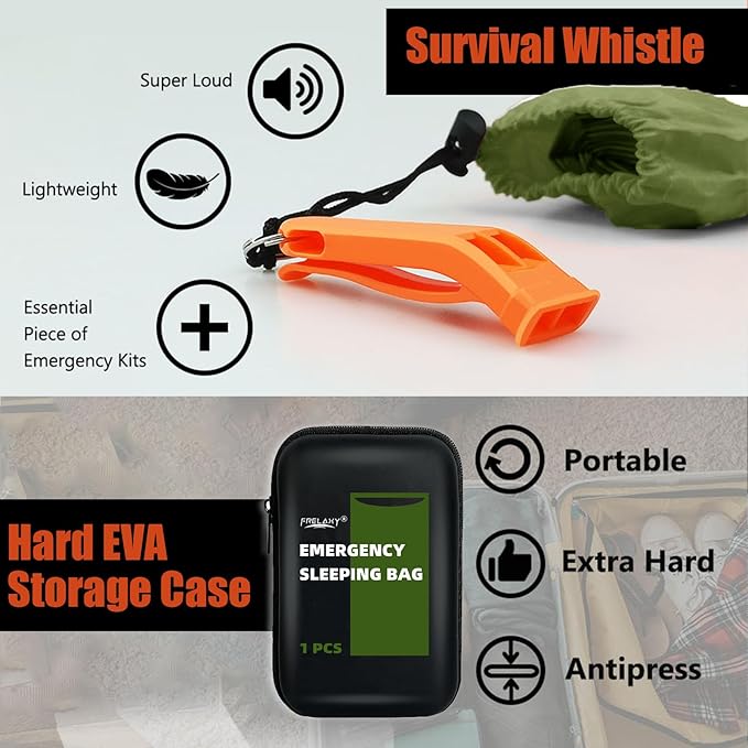 Frelaxy Emergency Sleeping Bag 1-Pack/2-Pack, Extra-Thick Compact Survival Bivy with Whistle, Storage Pouch, and EVA case, Perfect for Survival Kits