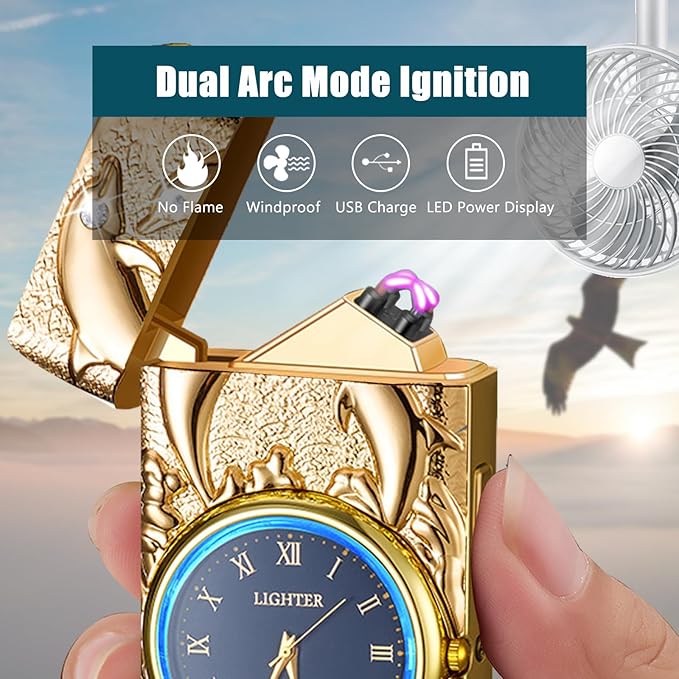 Arc Lighter Rechargeable Electric Lighter Plasma USB Lighter with Clock Dial Cool Windproof Candle Lighter with Battery Indicator for Candles, Fireworks, Incense (Gold Dolphin)