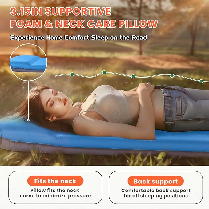 Self Inflating Sleeping Pad with Built-in Electric Pump, 3.15” Thick Memory Foam Camping Mattress, Fast Inflating Camping Sleeping Pad with Pillow, 4 Season Insulated Sleeping Pad for Camping, Tent