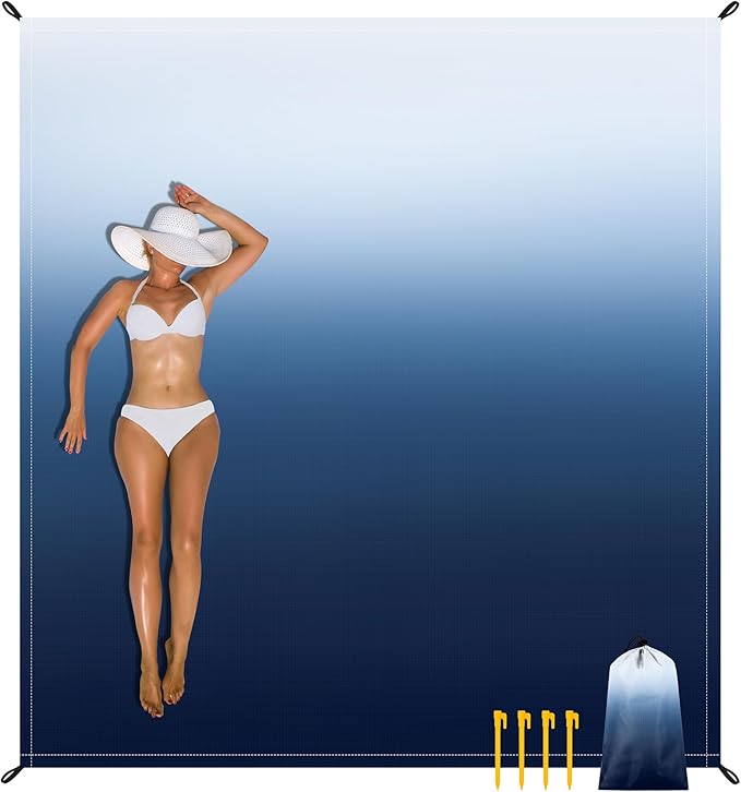 Waterproof Sandproof Beach Blanket, Blue-White Gradient Beach Mat Oversized for 2-4 Person, Compact Sand Free Quick Dry Polyester Outdoor Picnic Blanket for Travel, Camping, Hiking