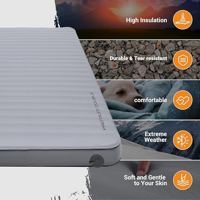 KingCamp Double Self Inflating Sleeping Pad with R Value 9.5, Camping Foam Air Mattress, Portable 3 Inch Large Thick for 2 Person, 79.1'' x 50.3'' x 3.0, Grey