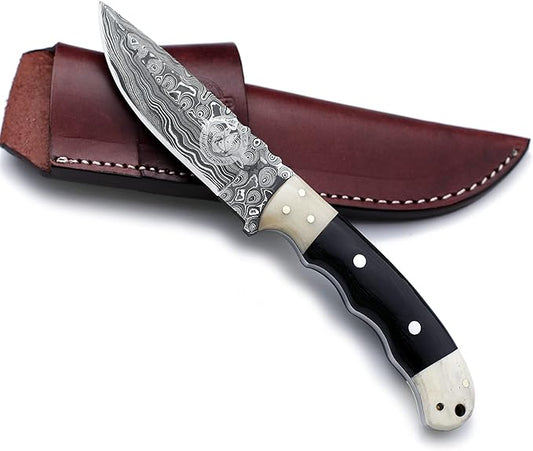 Handmade Damascus Steel Fixed Blade Bowie Knife for EDC,Hunting,Survival,Camping,Bushcraft,and Fishing with Drop Point Full Tang Bone Handle with Cowhide-Leather Sheath - WKD-783
