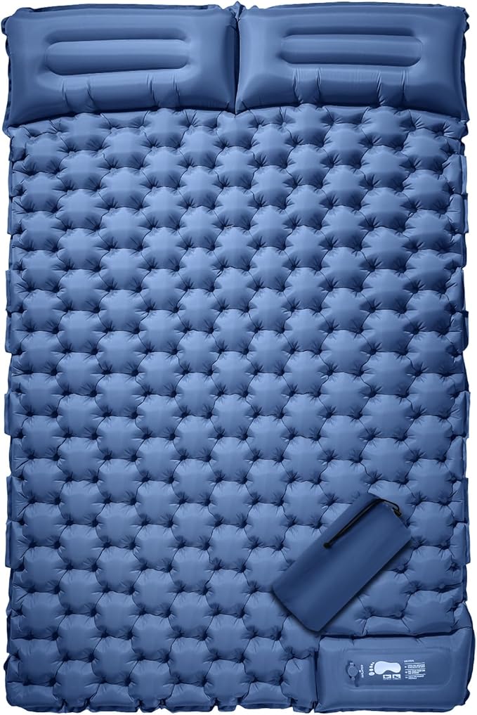 LAMA Double Sleeping Pad for Camping, 2 Persons Self Inflating Camping Mat for Sleeping, Ultralight Sleeping Mat with Pillow Built-in Pump, Ultra-Thick Air Mattress for Backpacking, Hiking, Blue