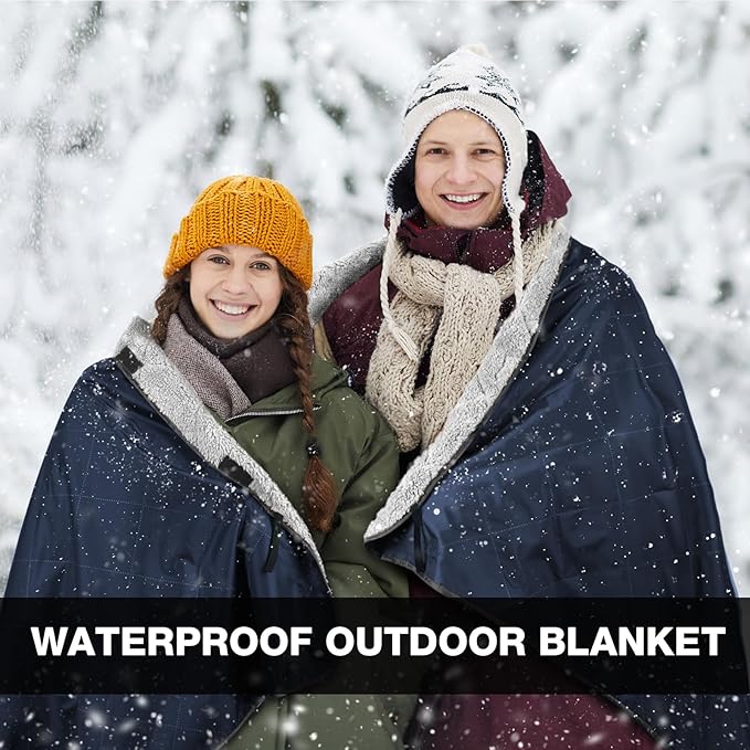 DUKUSEEK Outdoors Waterproof Stadium Blanket with Hood, 79”x 59” Sherpa Fleece Camping Windproof Blankets for Boat, Traveling, Camping, Football, Dogs, Outdoor Sporting Events-Machine Washable