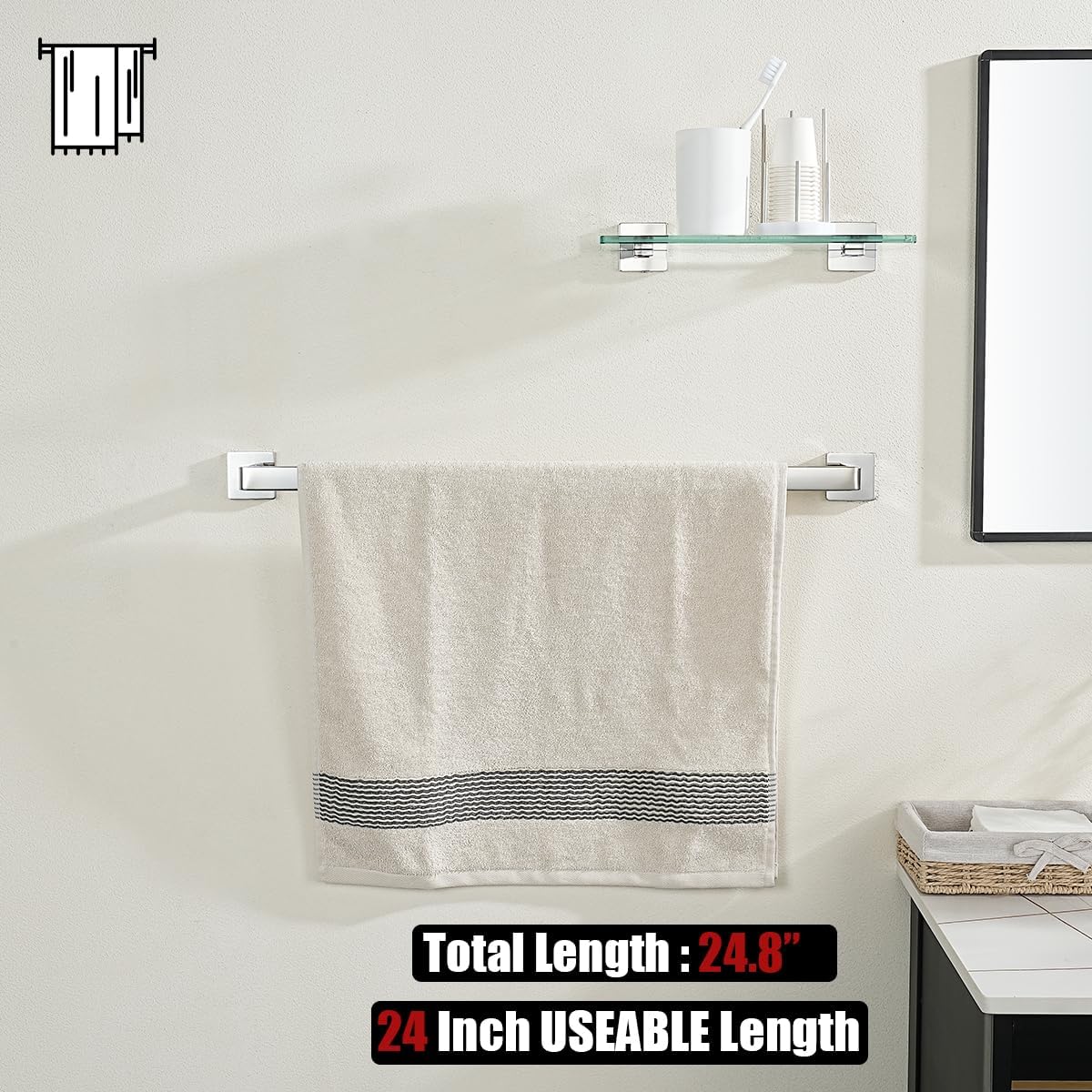 JQK Polished Towel Bar, Rounded Edges 29.41 Inch Towel Rack, 304 Stainless Steel Bathroom Wall Mount, Useable Length 27 Inch, TB250L27-CH