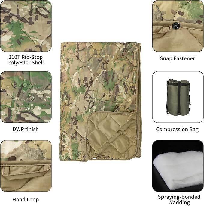 Poncho Liner Military Woobie Blanket Multicam Camo Woobie with Compression Carry Bag for Outdoors Hiking Jungle Hunting Gear