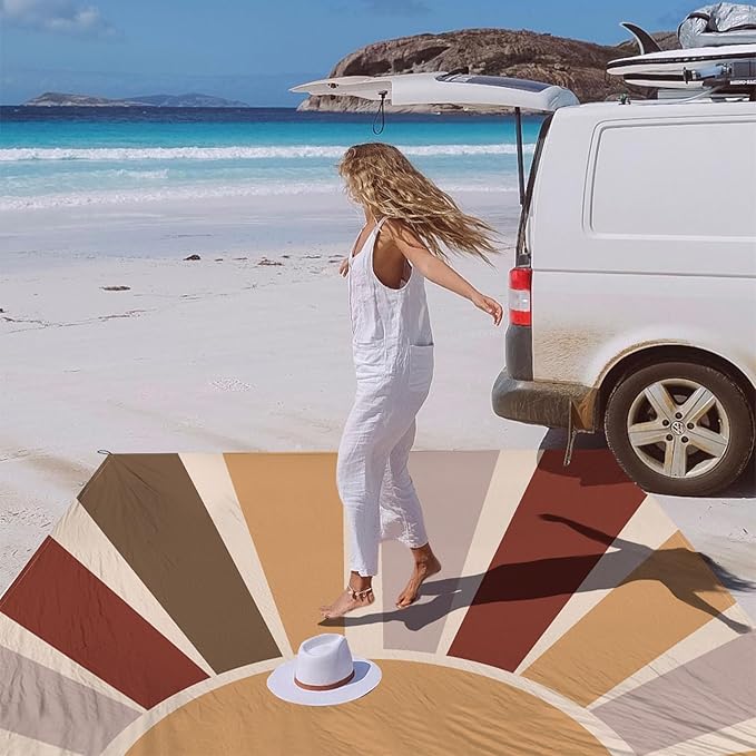 Extra Large Beach Blanket Waterproof Sandproof, Boho Starburst Beach Mat for 8 Adults w/Stakes and Sand Pocket, Compact & Lightweight Picnic Blankets for Outdoor, Travel, Camping, Hiking