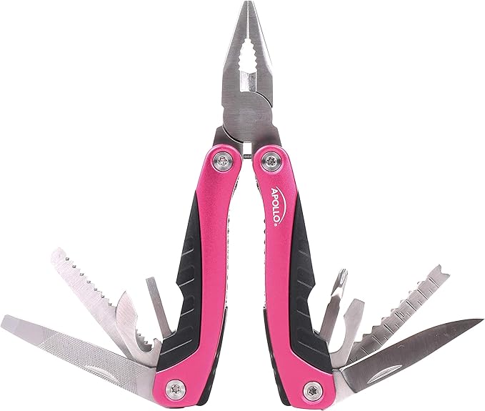 Apollo Tools 14-in-1 Steel Pocket Multitool Pliers, Dozens of Uses for Everyday Life, Repairs, Survival, Outdoors, Camping, Fishing - Pink Ribbon - Pink - DT5015P