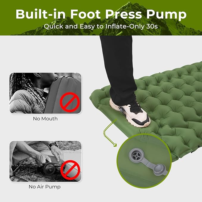 ATEPA Sleeping Pad for Camping Backpacking, Ultralight Inflatable Camping Air Mattress with Built-in Foot Pump & Pillow, 77"X27"Waterproof & Compact Sleeping Mat Olive Green