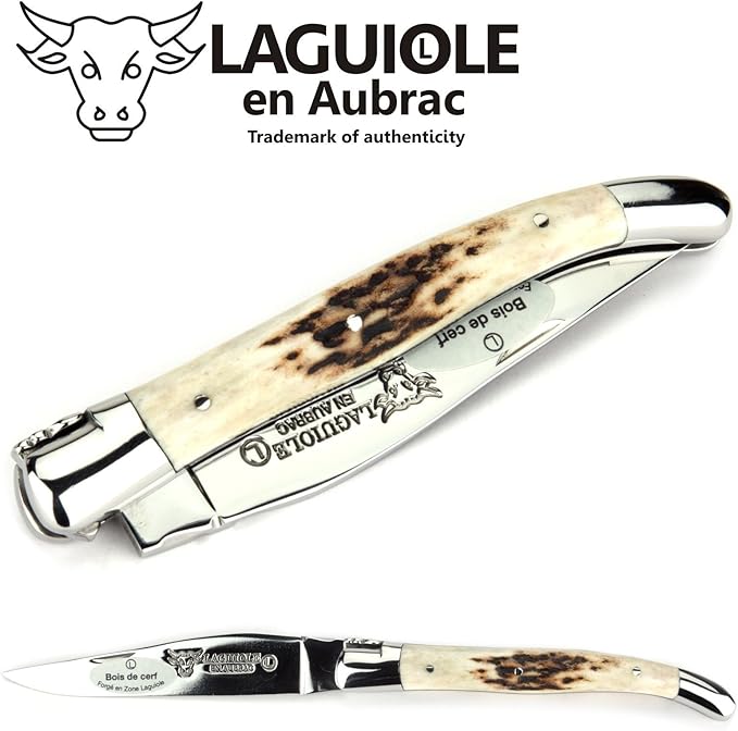 Laguiole en Aubrac Handmade Knife 11 cm L0211BCIFI Deer Horn Handle, Blade and bolsters Stainless Steel Shiny