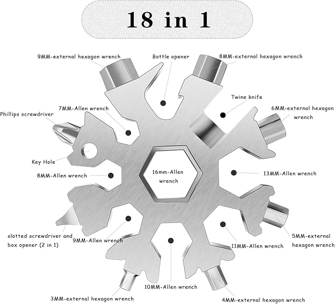 Snowflake Multitool, 1pcs Snowflake Tool Stainless Steel 18 in 1 Snowflake Multitool with Keyring and Storage Bag for Christmas Gift Men's Present(Silver）