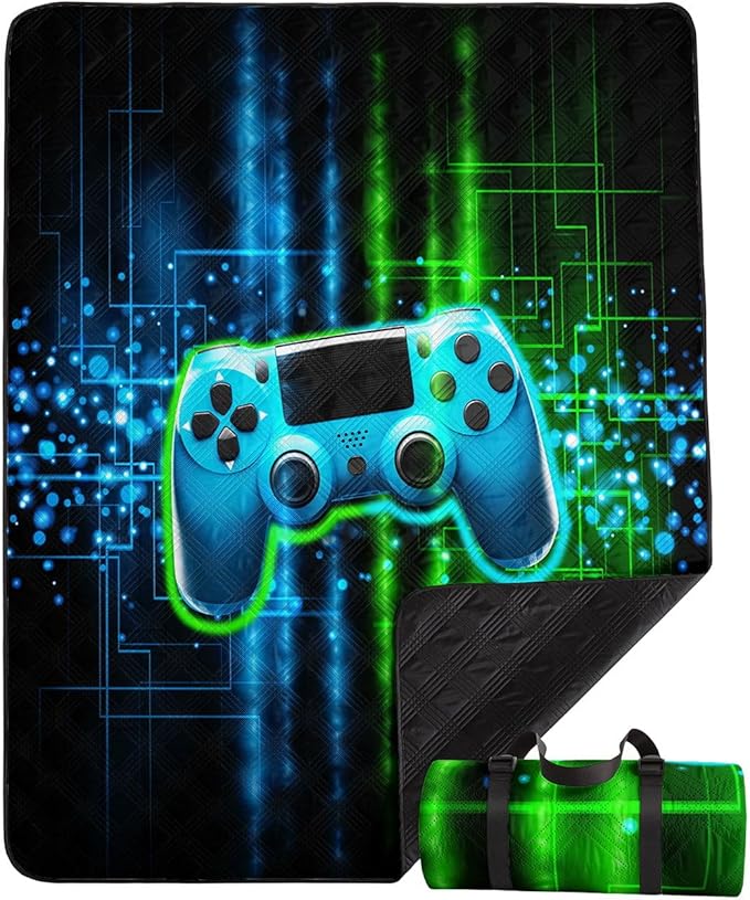 Outdoor Picnic Blanket Portable Ultrasonic Waterproof Picnic Mat Green Gamepad Printed Camping Beach Mat for Sand and Wet Grass Hiking (Green Gamepad S)