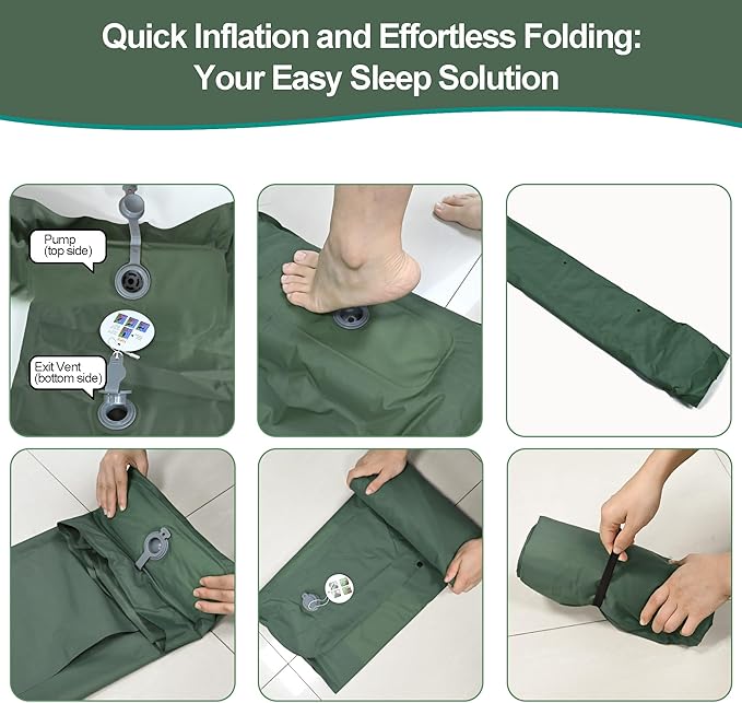 Self-Inflating Sleeping Mats for Camping, Camping Sleeping Pad for Camping, Ultralight Camping Mat with Pillow Built-in Foot Pump Inflatable Sleeping Pads Compact for Camping, Backpacking( Army Green)