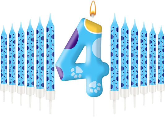 13PCS Blue Dog Paw Birthday Candles Set Cake Topper Numeral Birthday Candles for Boy Girl Dog Paw Decoration(Number 4)