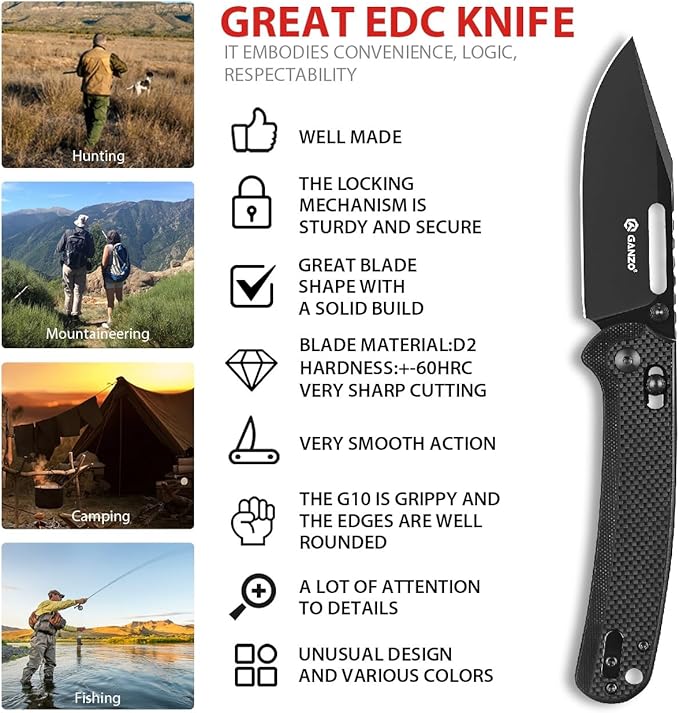 Ganzo G768PT-BK EDC Folding Pocket Knife Razor Sharp D2 Stainless Steel Black Blade G10 Handle with Clip Outdoor Foldable Pocket Knife Hunting Fishing Hiking Gear Best Gift for Men (Black)