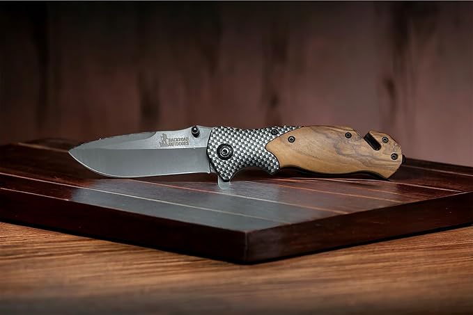 Stainless Steel EDC Folding Wood Handle Pocket Knife Glass Breaker Seatbelt Cutter Olive Wood Handle Carbon Fiber Insert