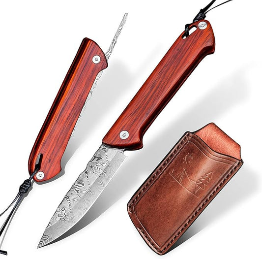 handmade japanese damascus steel blade folding knife tactical pocket knives rosewood handle edc knives with sheath for men