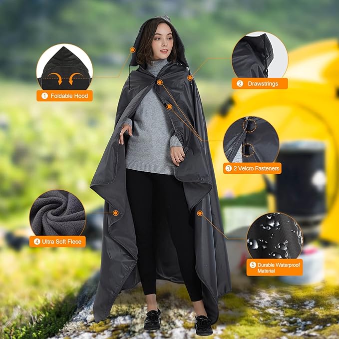 DOBYE Hooded Stadium Blanket, Large Waterproof Outdoor Fleece Blanket, Windproof Wearable Portable Warm Mat for Camping