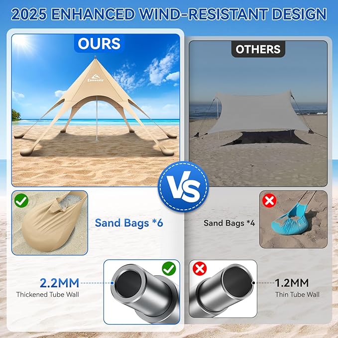 Beach Tent Sun Shelter & Portable Beach Canopy UPF 80+ UV Protection, Beach Shade Canopy with 6 Sandbags, Sand Shovel Ground Pegs for Outdoor Camping, Picnics (Beige,12x12FT)